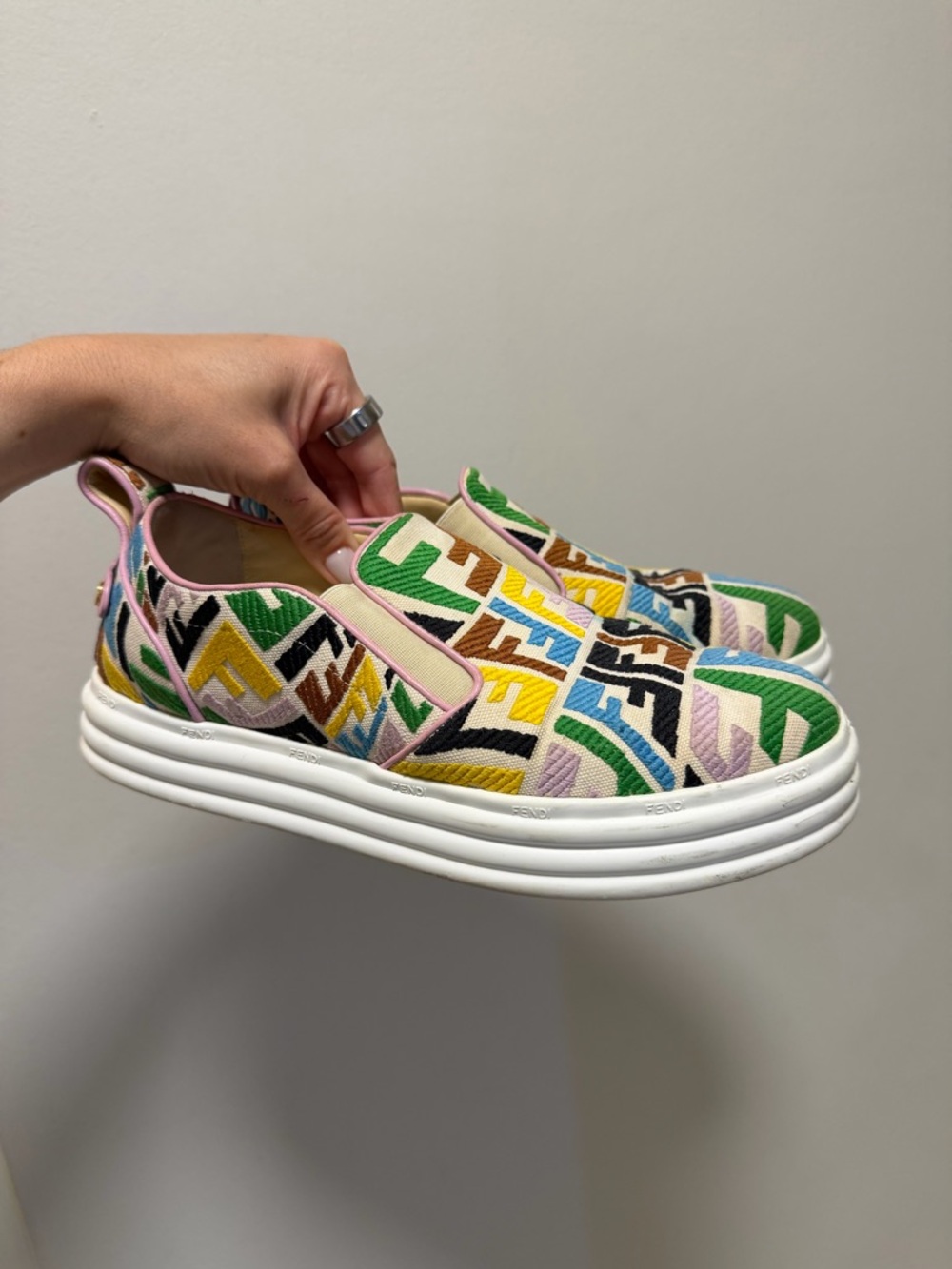 Fendi Multicolor Embroidered Slip-On Sneakers - Green, Yellow, Pink, Black, Blue
